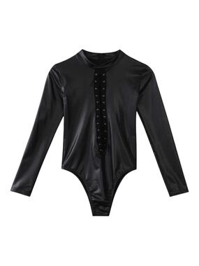 Black Long-Sleeve Lace-Up Faux Leather Bodysuit